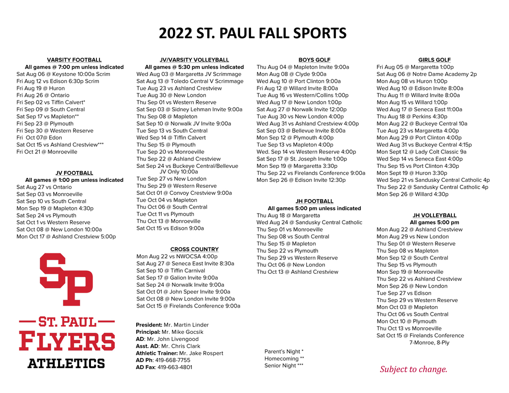 2022 St. Paul High School Sports Calendar