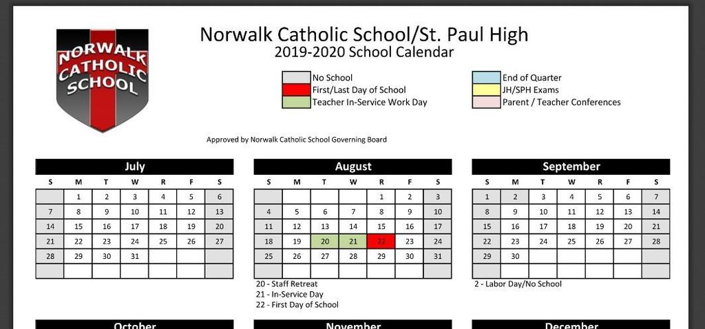 2019-2020 School Calendar Snip